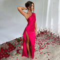 One Shoulder Backless Slit Dress - Elegant Satin Evening Dress