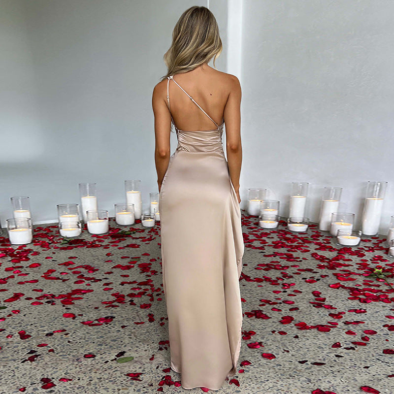One Shoulder Backless Slit Dress - Elegant Satin Evening Dress