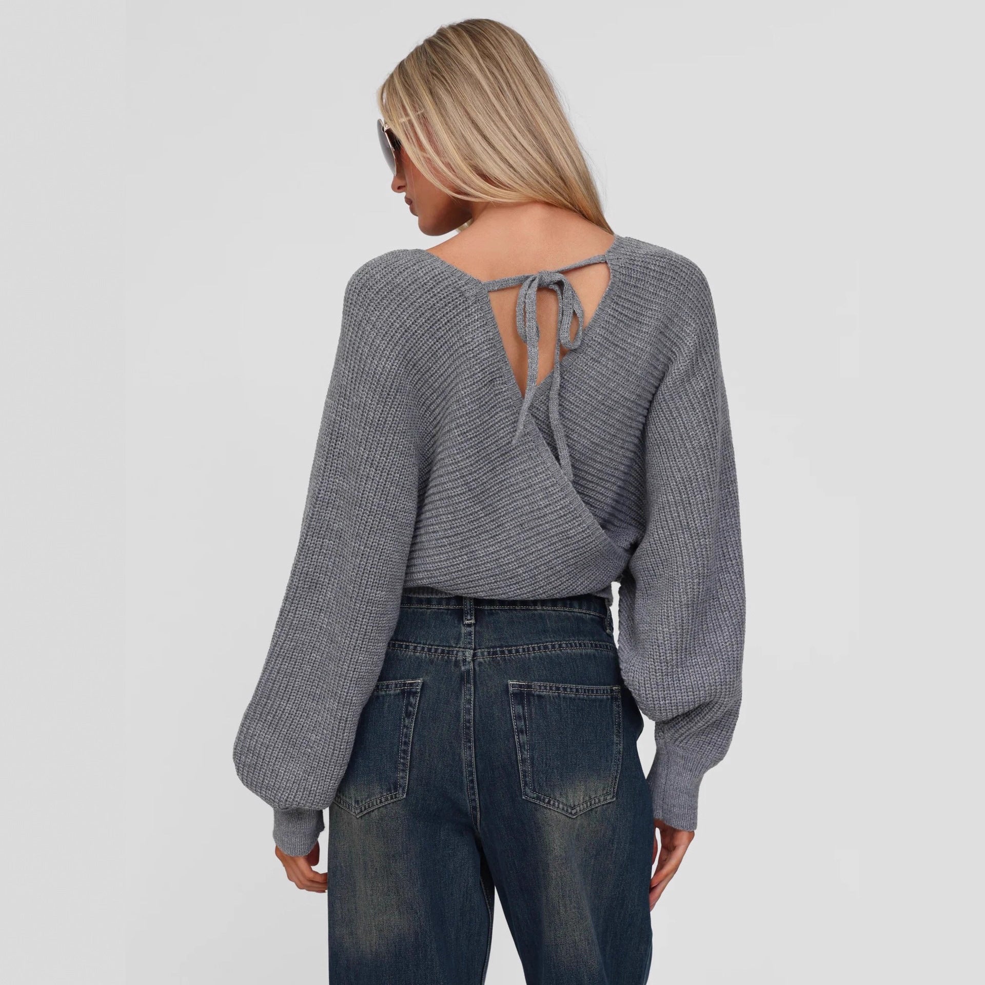 Cropped V-neck Long-sleeve Pullover Knit Sweater