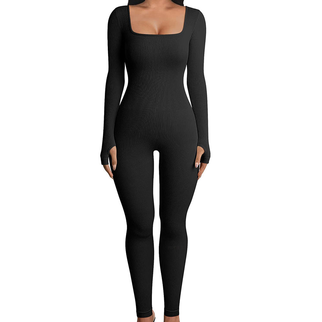 Long Sleeve Yoga Jumpsuit - Sexy Square Neck Activewear